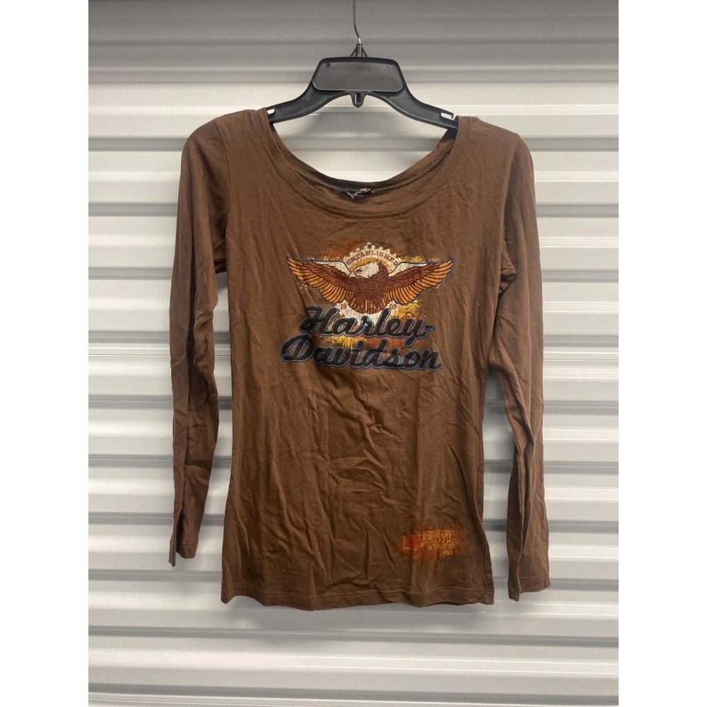 Harley Davidson Long Sleeve Biker Crew Neck Tee T-Shirt Women's Size Small Brown